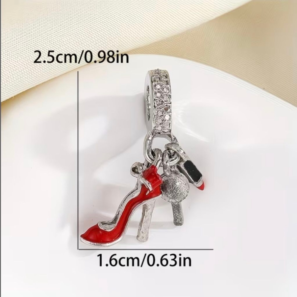 Women's Silver & Red High Heel & Lipstick Charm Bracelet - Picture 4 of 4